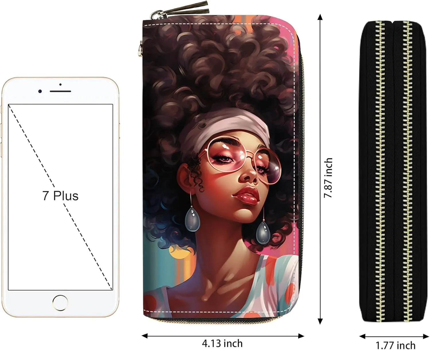 African American Women Print Women Large Capacity Wallet PU Leather Double Zipper Clutch Purse for Smart Phone/Card/Coin/Cash