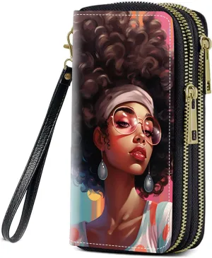 African American Women Print Women Large Capacity Wallet PU Leather Double Zipper Clutch Purse for Smart Phone/Card/Coin/Cash