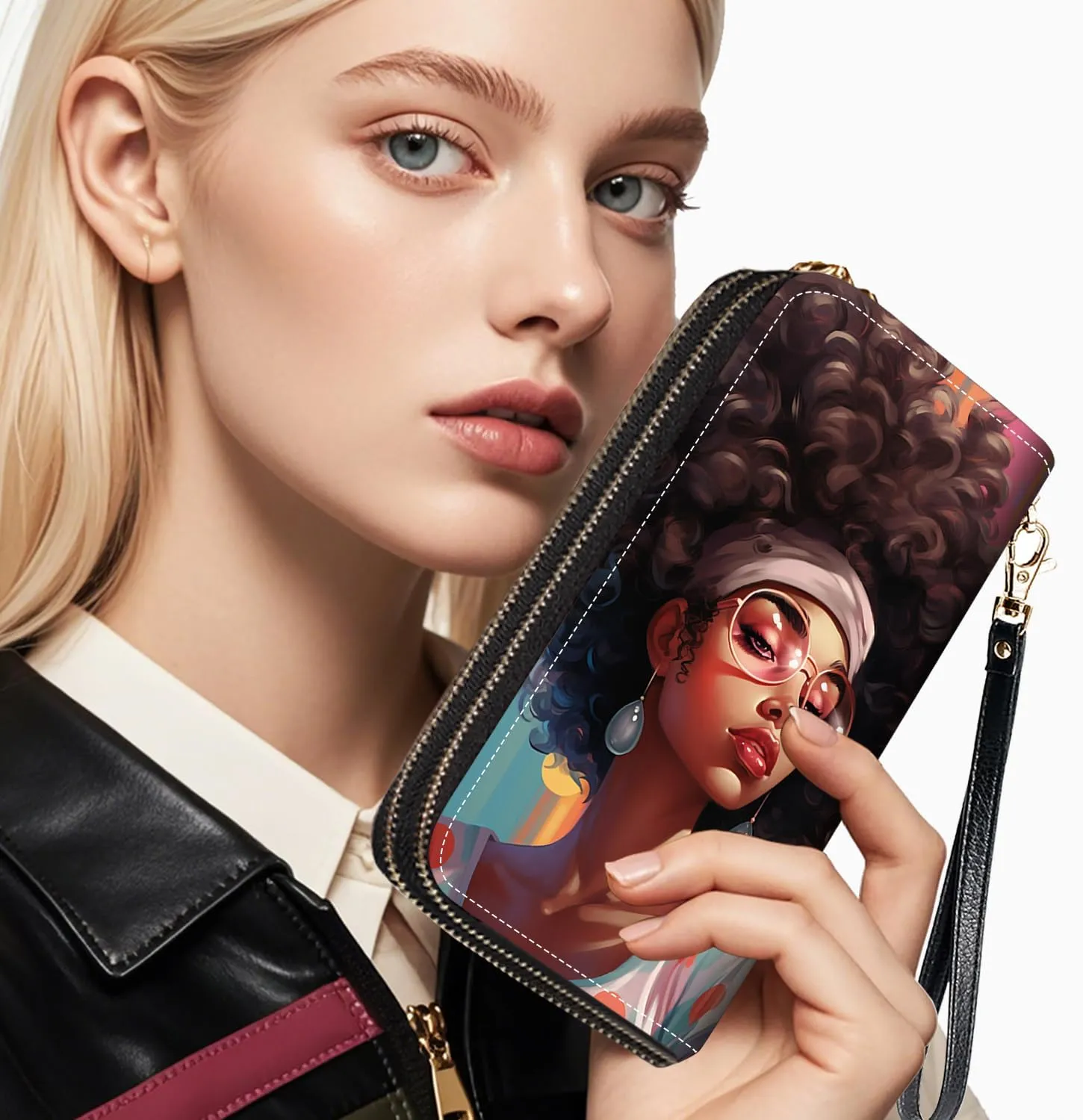 African American Women Print Women Large Capacity Wallet PU Leather Double Zipper Clutch Purse for Smart Phone/Card/Coin/Cash