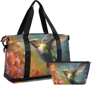 AIXIWAWA Floral Hummingbird Duffel Bag Set with Shoes Compartment Trolley Sleeve Removeable Strap for Workout Travel Gym