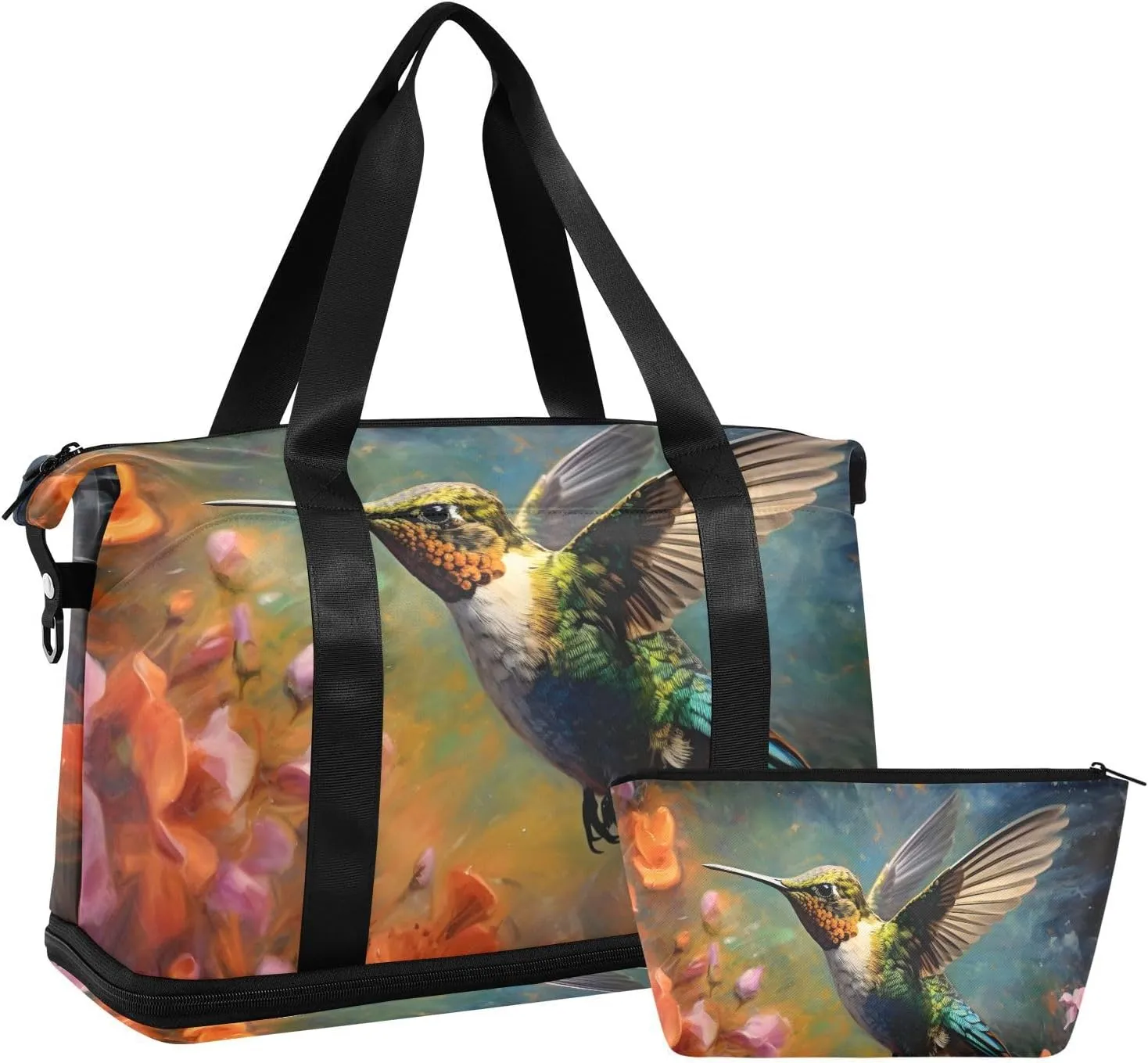 AIXIWAWA Floral Hummingbird Duffel Bag Set with Shoes Compartment Trolley Sleeve Removeable Strap for Workout Travel Gym