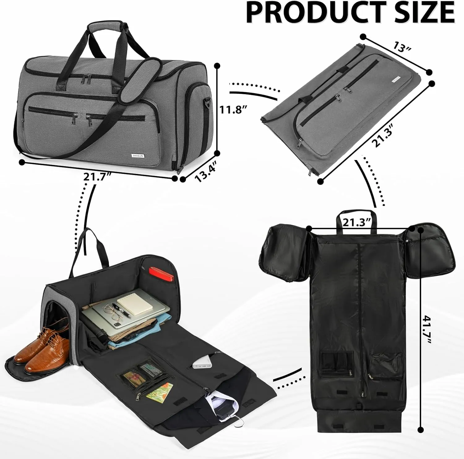 AKOZLIN Convertible Garment Bag Carry on 3 in 1 Garment Duffle Bag 51L Hanging Suit Travel Bag Dress Shoes Carrier Storage Bag For Men Women Grey