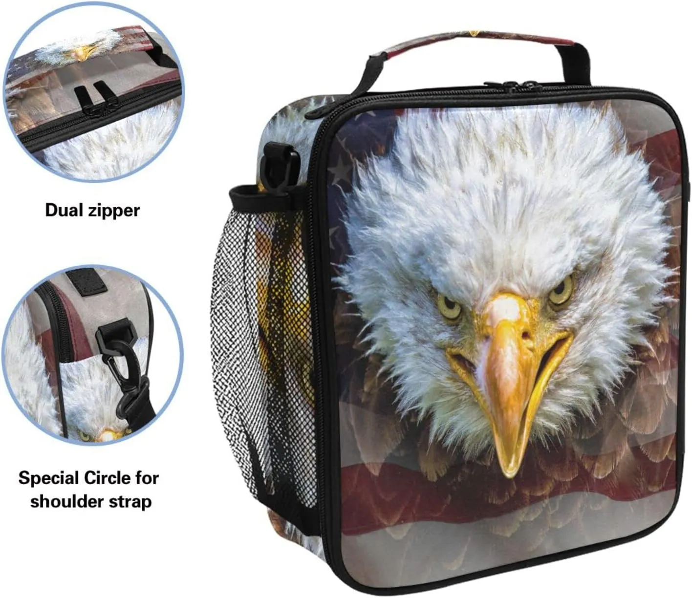 ALAZA American Eagle Bald Flag Lunch Box Insulated Lunch Bag Girls Lunch Cooler Bag Tote Freezable Shoulder Strap Lunchbox Thermal Meal Tote Kit for Girls School Picnic
