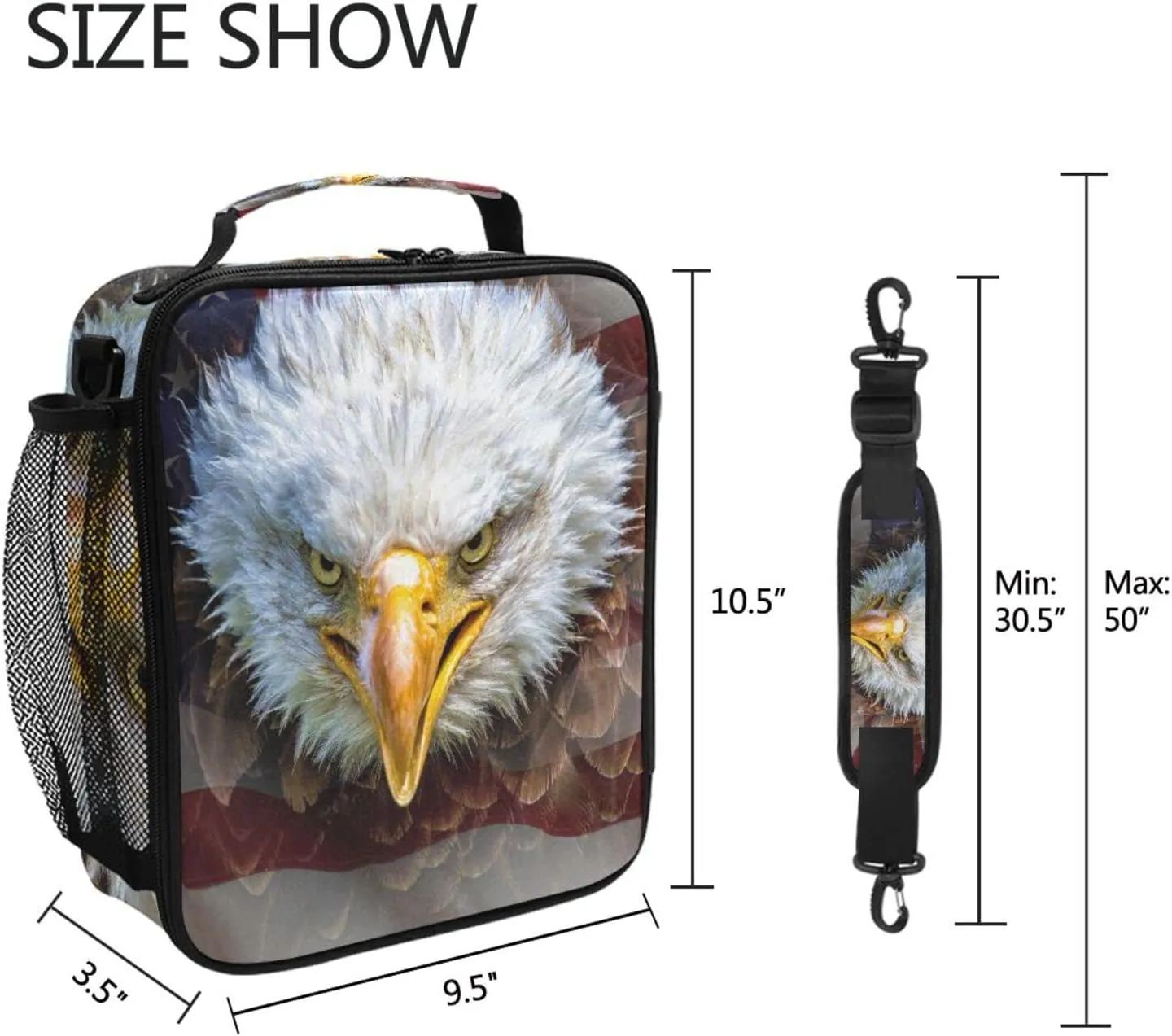 ALAZA American Eagle Bald Flag Lunch Box Insulated Lunch Bag Girls Lunch Cooler Bag Tote Freezable Shoulder Strap Lunchbox Thermal Meal Tote Kit for Girls School Picnic