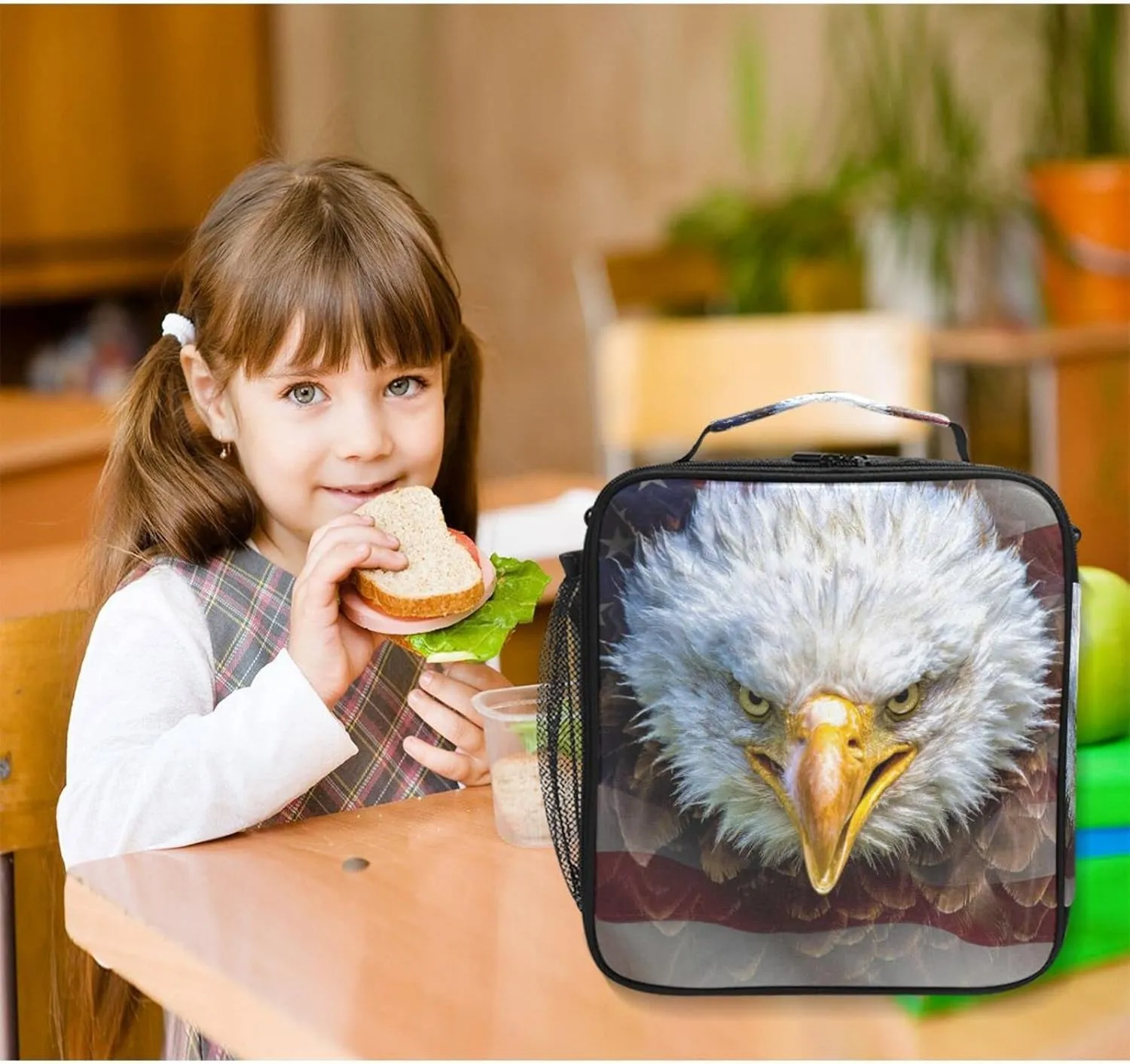 ALAZA American Eagle Bald Flag Lunch Box Insulated Lunch Bag Girls Lunch Cooler Bag Tote Freezable Shoulder Strap Lunchbox Thermal Meal Tote Kit for Girls School Picnic