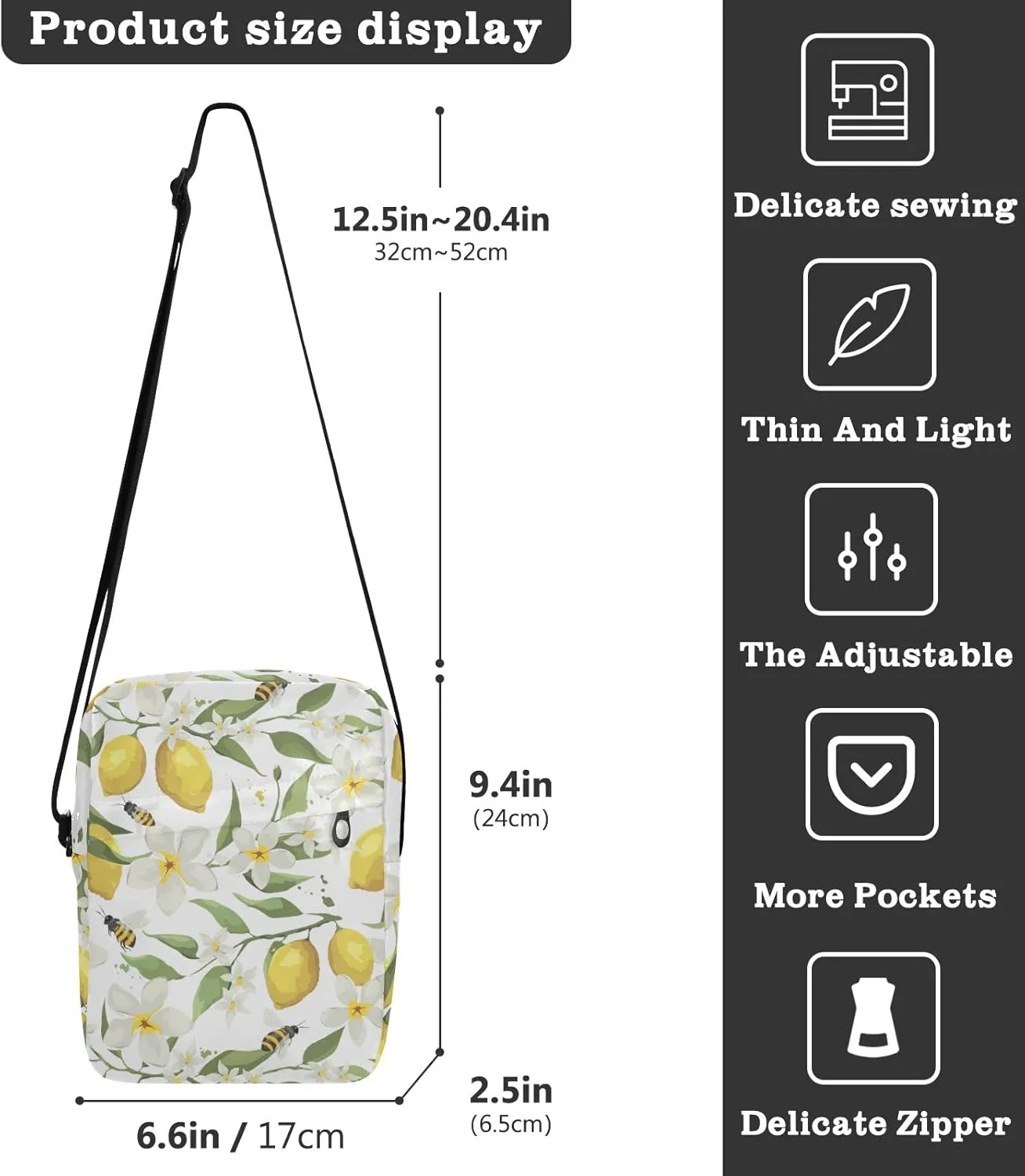 ALAZA Lemon Bee White Flower Crossbody Bag Small Messenger Bag Shoulder Bag with Zipper for Women Men
