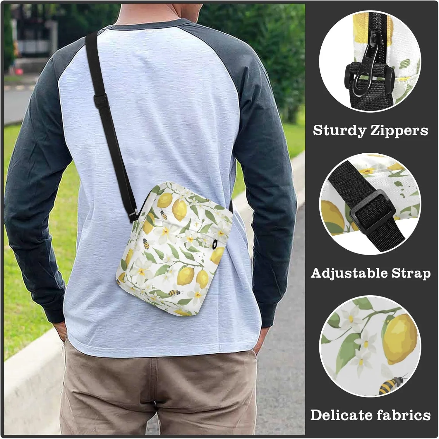 ALAZA Lemon Bee White Flower Crossbody Bag Small Messenger Bag Shoulder Bag with Zipper for Women Men
