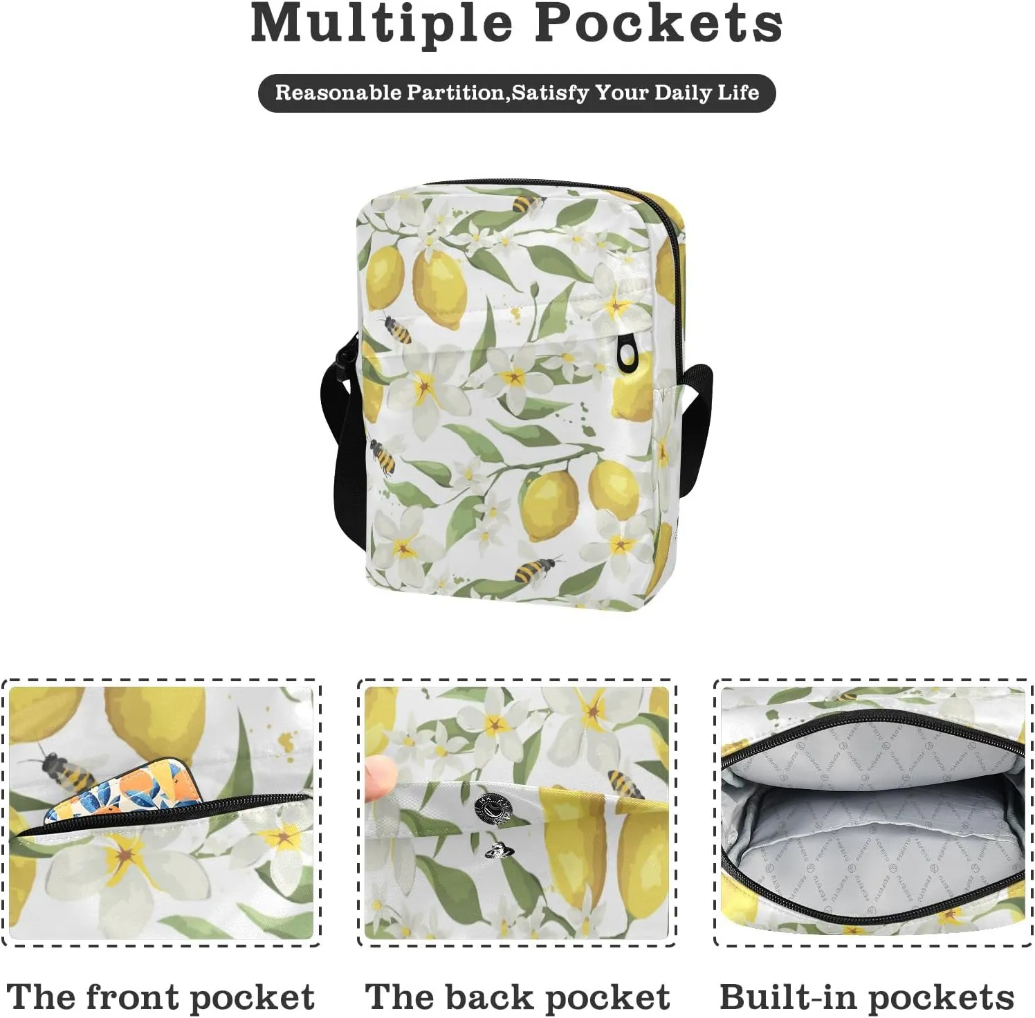 ALAZA Lemon Bee White Flower Crossbody Bag Small Messenger Bag Shoulder Bag with Zipper for Women Men