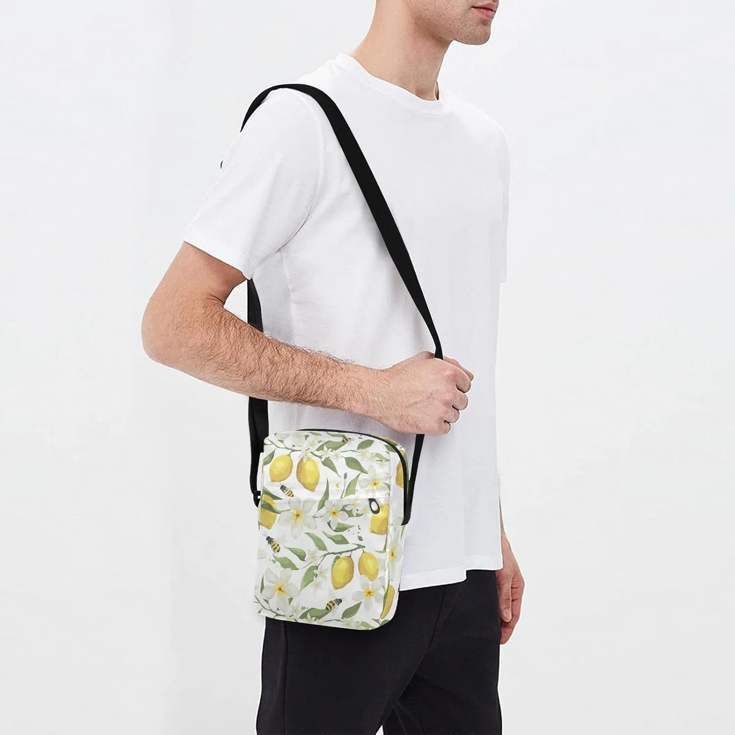 ALAZA Lemon Bee White Flower Crossbody Bag Small Messenger Bag Shoulder Bag with Zipper for Women Men