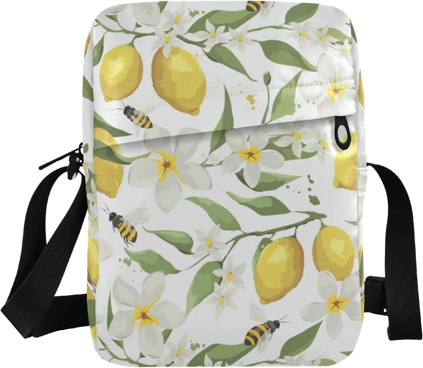 ALAZA Lemon Bee White Flower Crossbody Bag Small Messenger Bag Shoulder Bag with Zipper for Women Men
