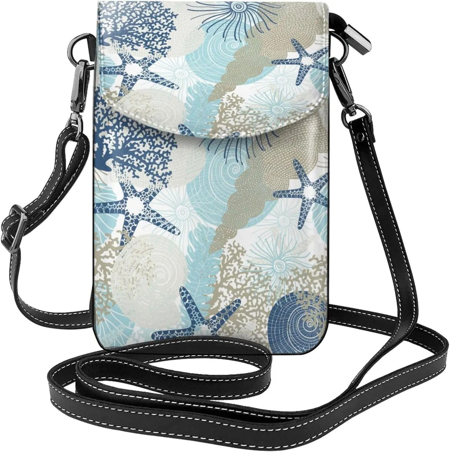 Algae Corals and Seashells Print Small Crossbody Bags for Women Leather Cell Phone Purses Mini Leather Shoulder Handbag Adjustable Strap