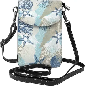Algae Corals and Seashells Print Small Crossbody Bags for Women Leather Cell Phone Purses Mini Leather Shoulder Handbag Adjustable Strap