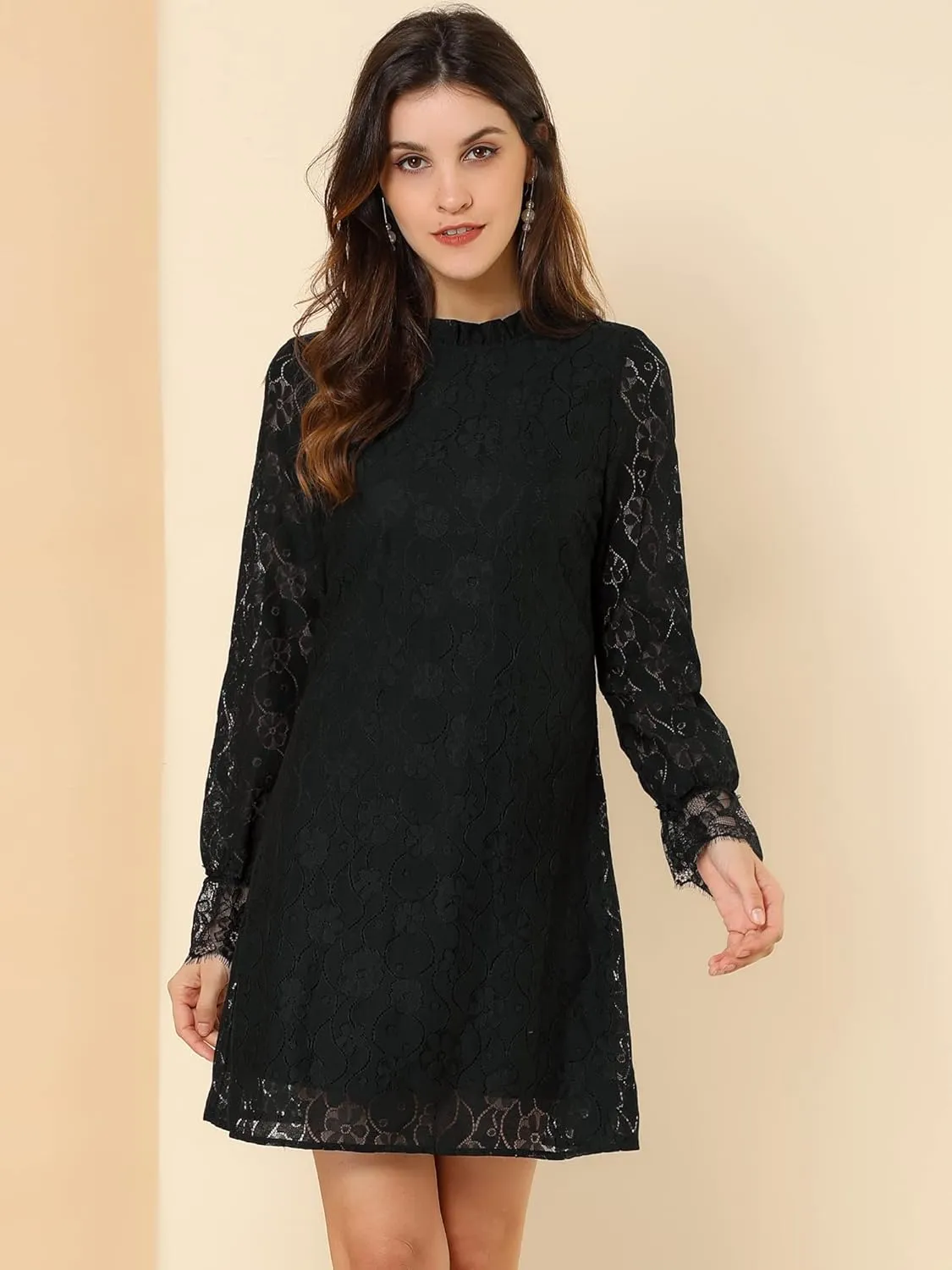 Allegra K Women's Cocktail Elegant Ruffle Crew Neck Floral Lace Shift Dress
