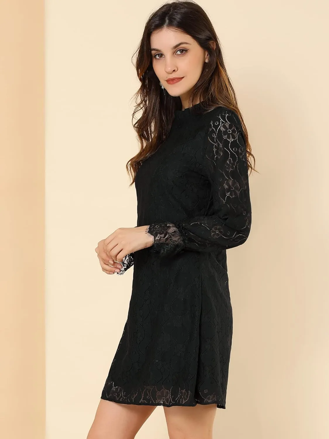 Allegra K Women's Cocktail Elegant Ruffle Crew Neck Floral Lace Shift Dress