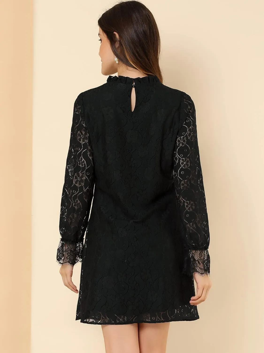 Allegra K Women's Cocktail Elegant Ruffle Crew Neck Floral Lace Shift Dress