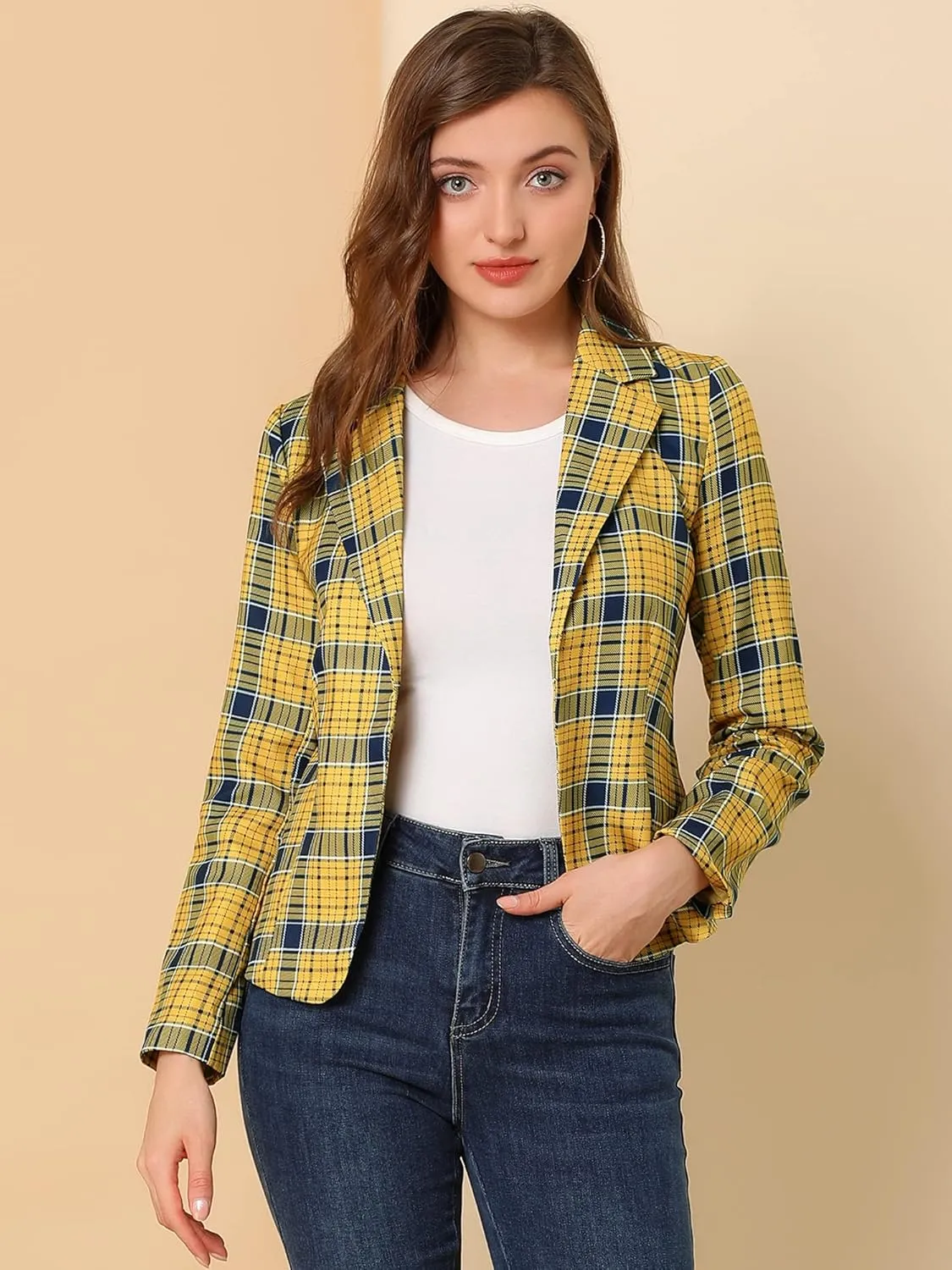 Allegra K Women's Work Casual Fitted Blazer Notch Lapel Printed Open Front Suit Jacket