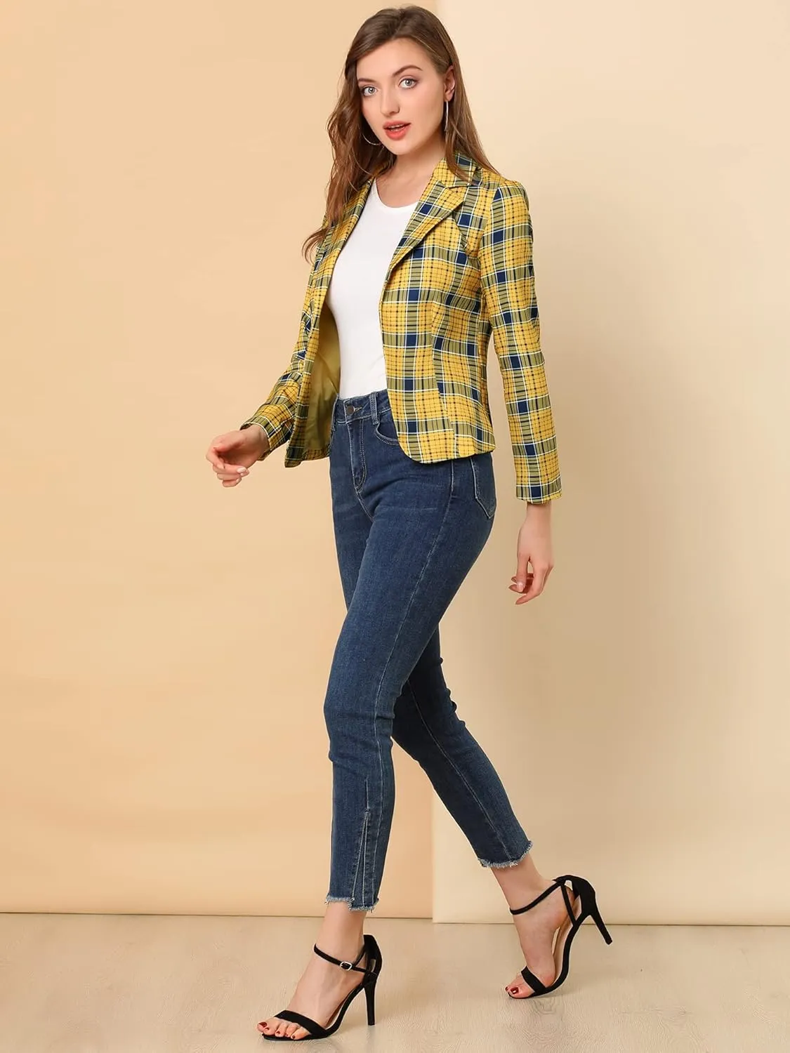Allegra K Women's Work Casual Fitted Blazer Notch Lapel Printed Open Front Suit Jacket