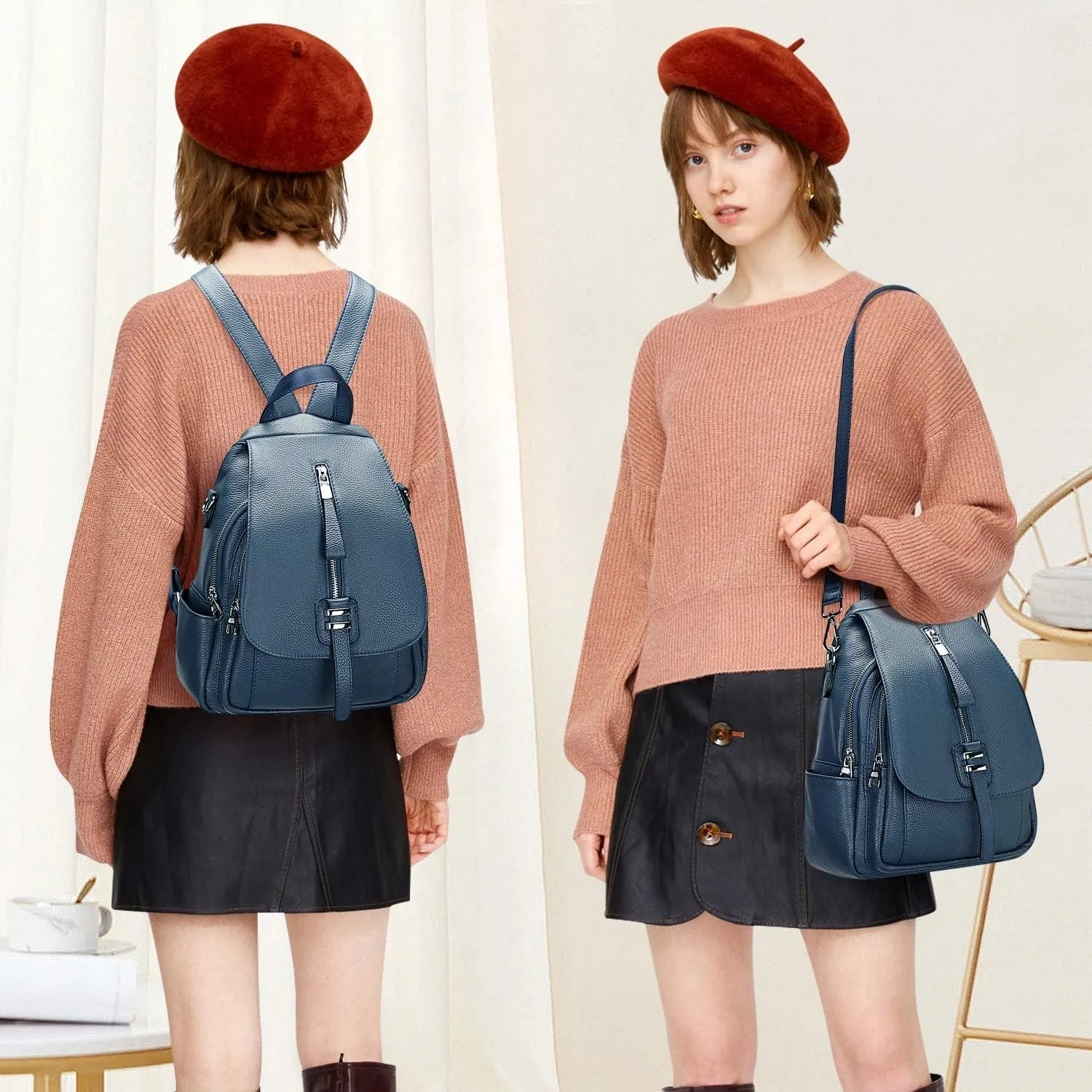 ALTOSY Genuine Leather Backpack Purse for Women Convertible Shoulder Bag with Buckle Flap