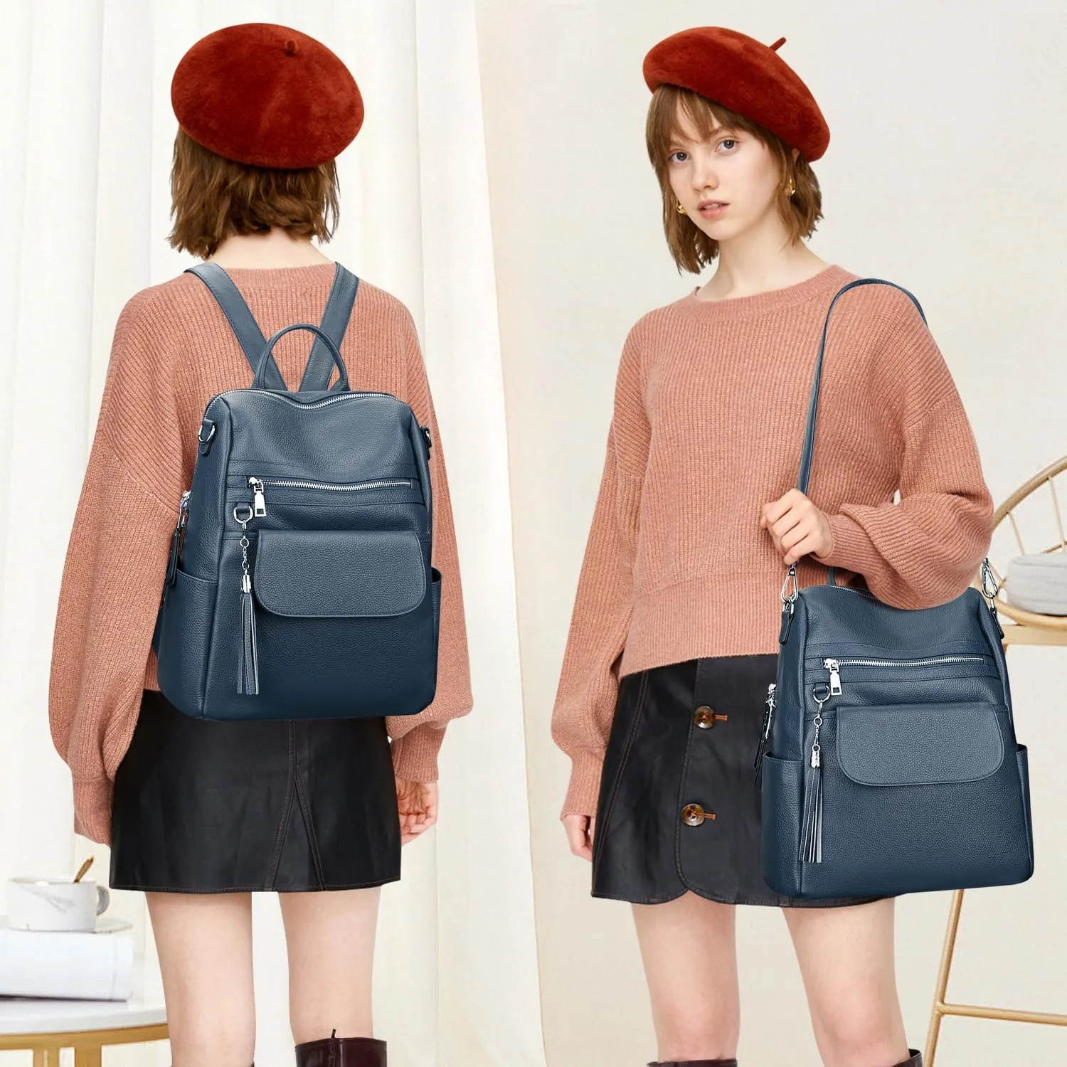 ALTOSY Genuine Leather Backpack Purse for Women Large Convertible Shoulder bag Ladies Crossdody Bag with Tassel(S115 Indigo Blue)