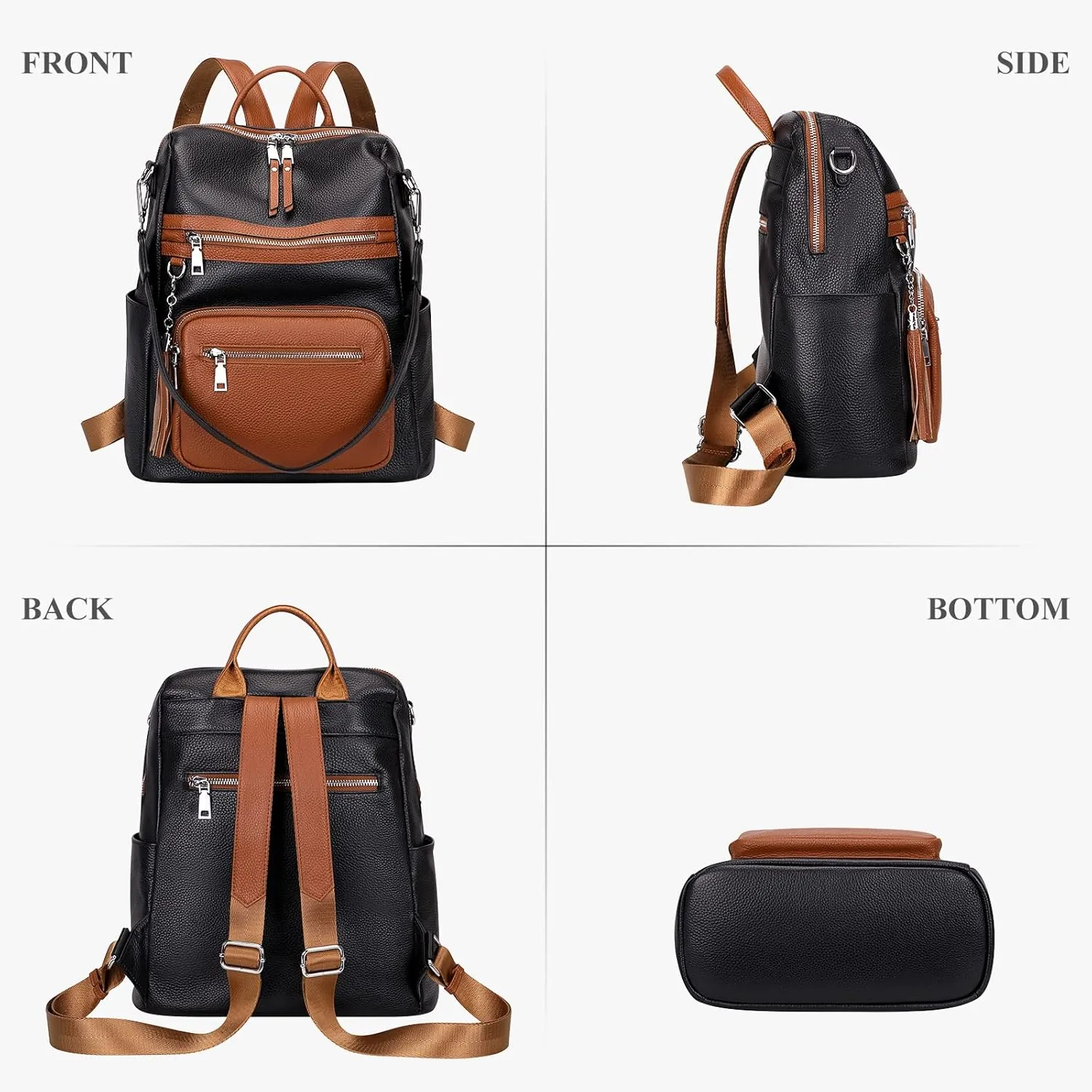 ALTOSY Genuine Leather Backpack Purse for Women Large Shoulder Bag With Laptop Compartment Multiple Pockets (S106 Black/Brown)