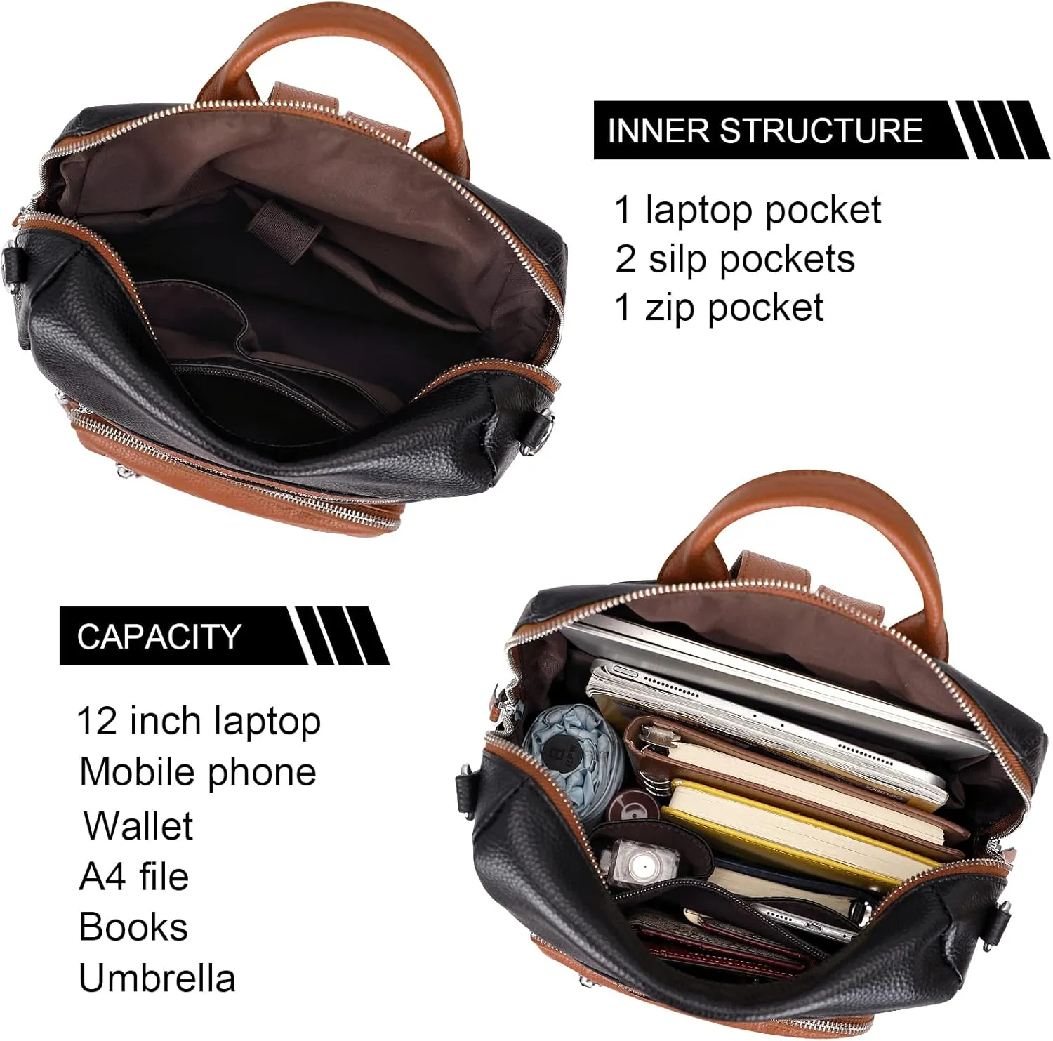 ALTOSY Genuine Leather Backpack Purse for Women Large Shoulder Bag With Laptop Compartment Multiple Pockets (S106 Black/Brown)