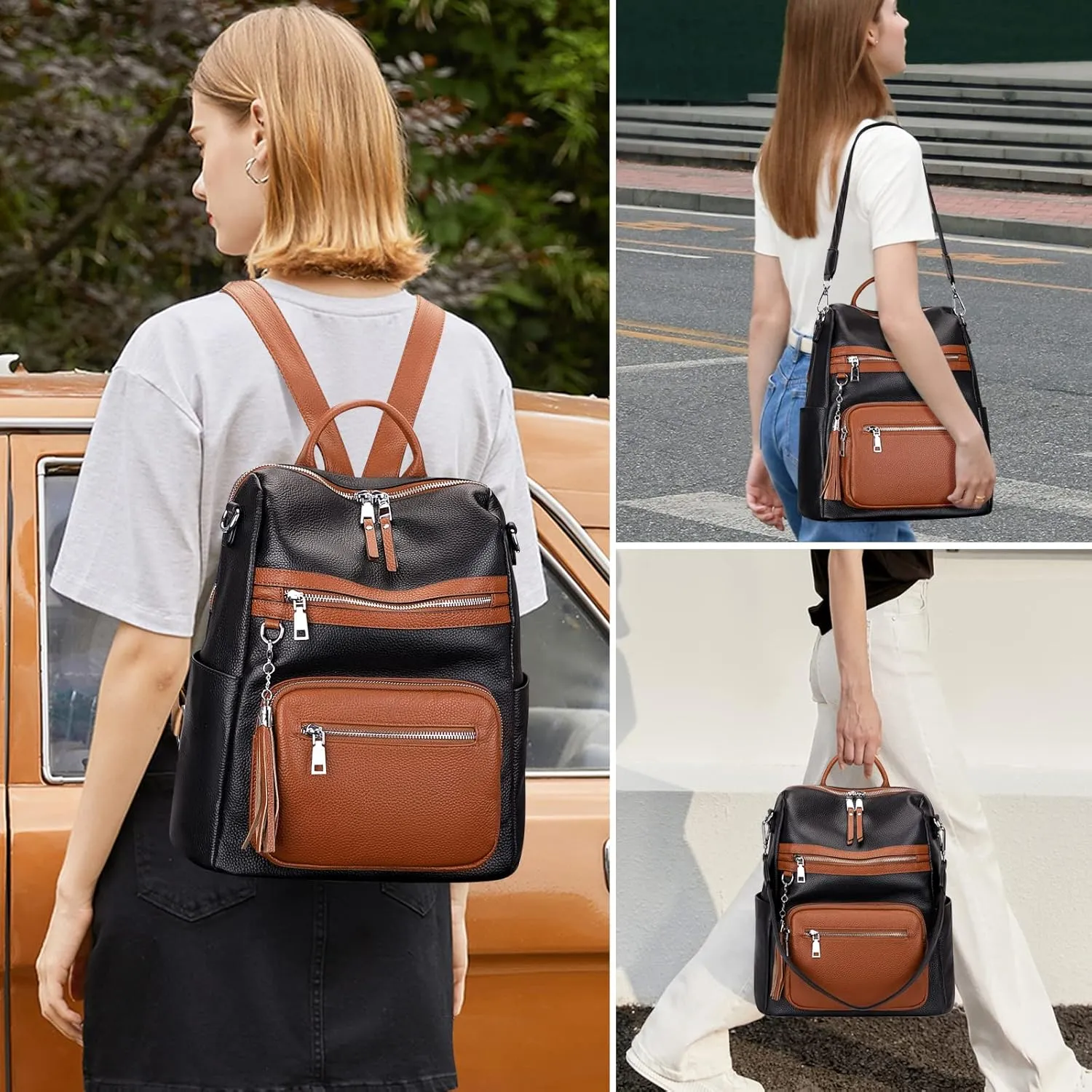 ALTOSY Genuine Leather Backpack Purse for Women Large Shoulder Bag With Laptop Compartment Multiple Pockets (S106 Black/Brown)
