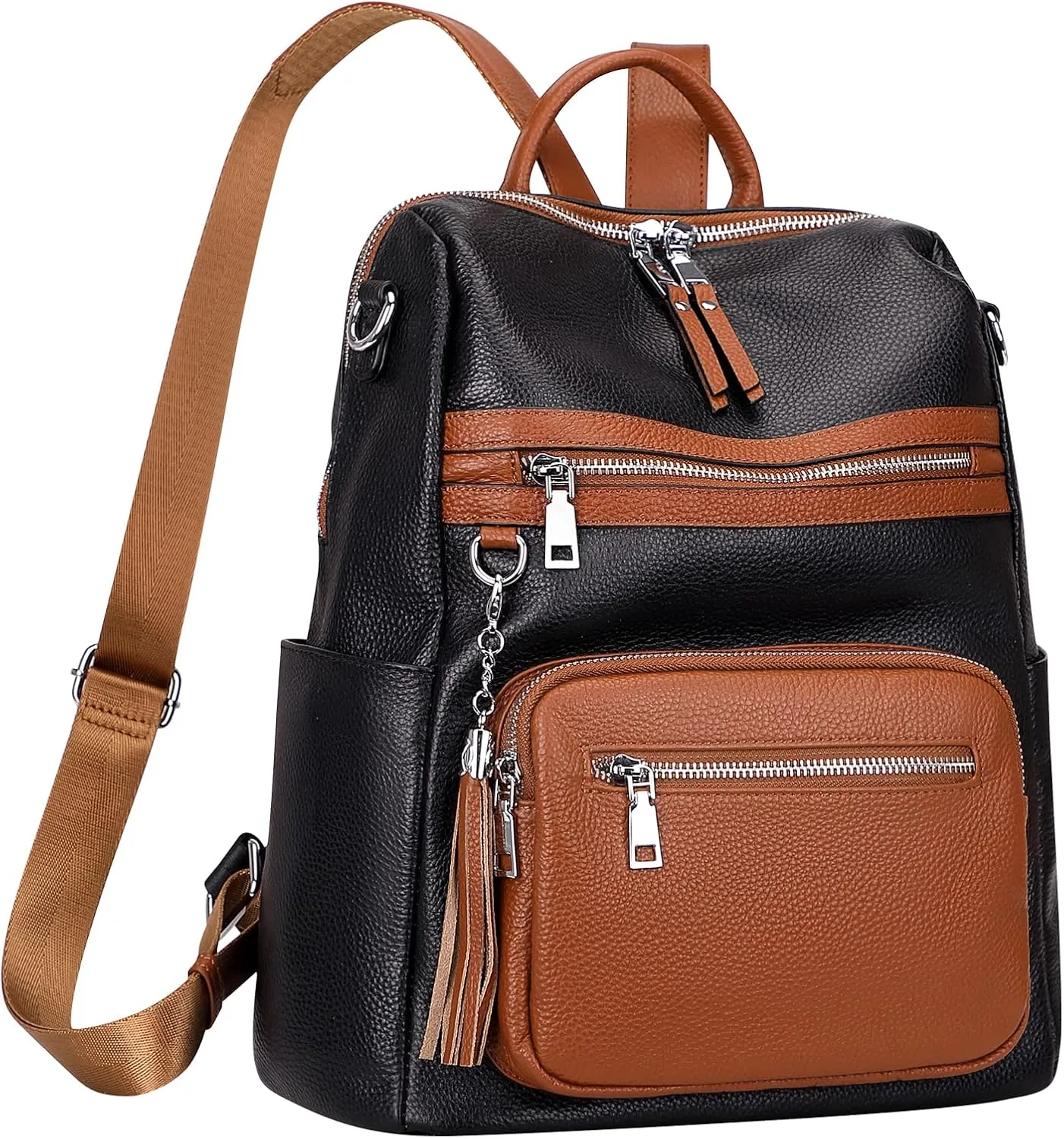 ALTOSY Genuine Leather Backpack Purse for Women Large Shoulder Bag With Laptop Compartment Multiple Pockets (S106 Black/Brown)