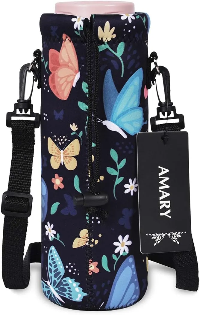 AMARY 500ML Neoprene Water Bottle Carrier Bag with Adjustable Shoulder Strap,Insulated Water Bottle Cover for Stainless Steel/Glass/Plastic Bottles 16.9OZ (Butterfly-2)