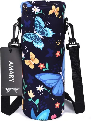 AMARY 500ML Neoprene Water Bottle Carrier Bag with Adjustable Shoulder Strap,Insulated Water Bottle Cover for Stainless Steel/Glass/Plastic Bottles 16.9OZ (Butterfly-2)