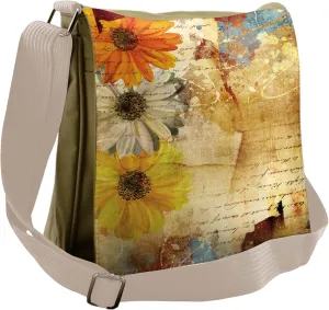 Ambesonne Floral Messenger Bag, Flowers and Poetry Art, Unisex Cross-body