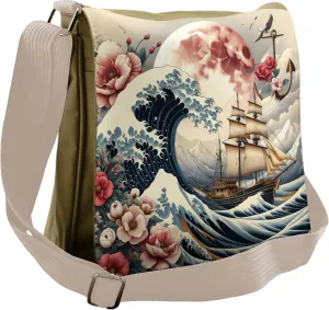 Ambesonne Nautical Messenger Bag, Floral Japanese Wave Moon, Unisex Cross-body