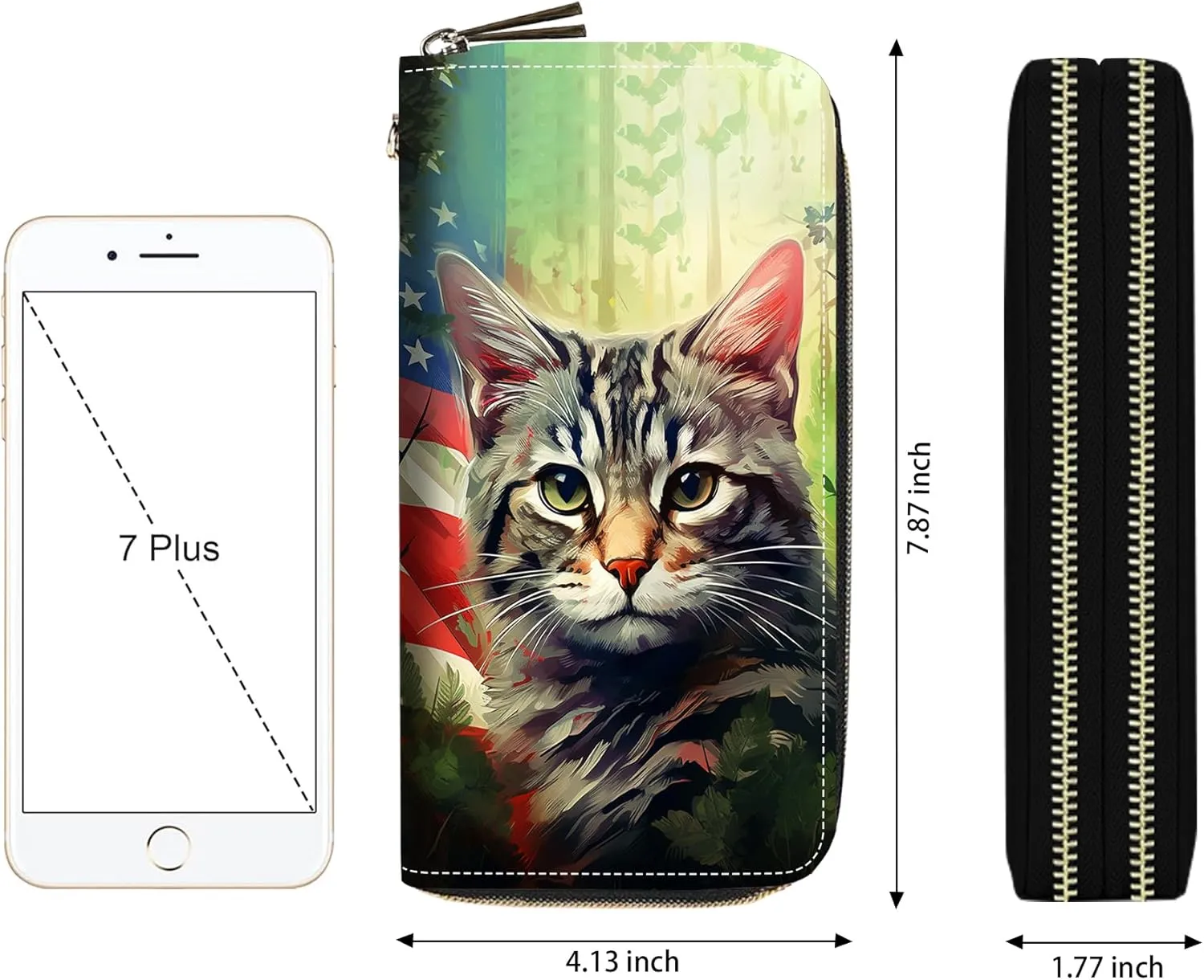 American Flag Cat Print Women Large Capacity Wallet PU Leather Double Zipper Clutch Purse for Smart Phone/Card/Coin/Cash