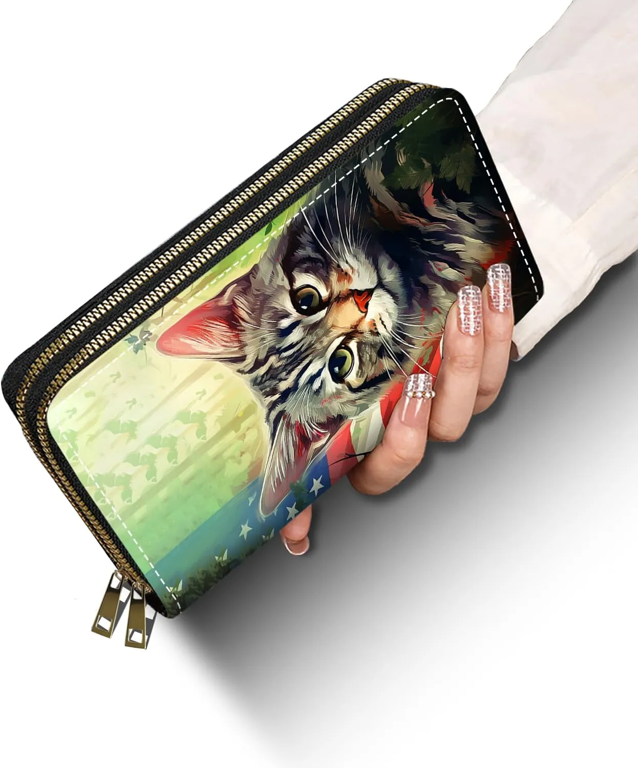 American Flag Cat Print Women Large Capacity Wallet PU Leather Double Zipper Clutch Purse for Smart Phone/Card/Coin/Cash