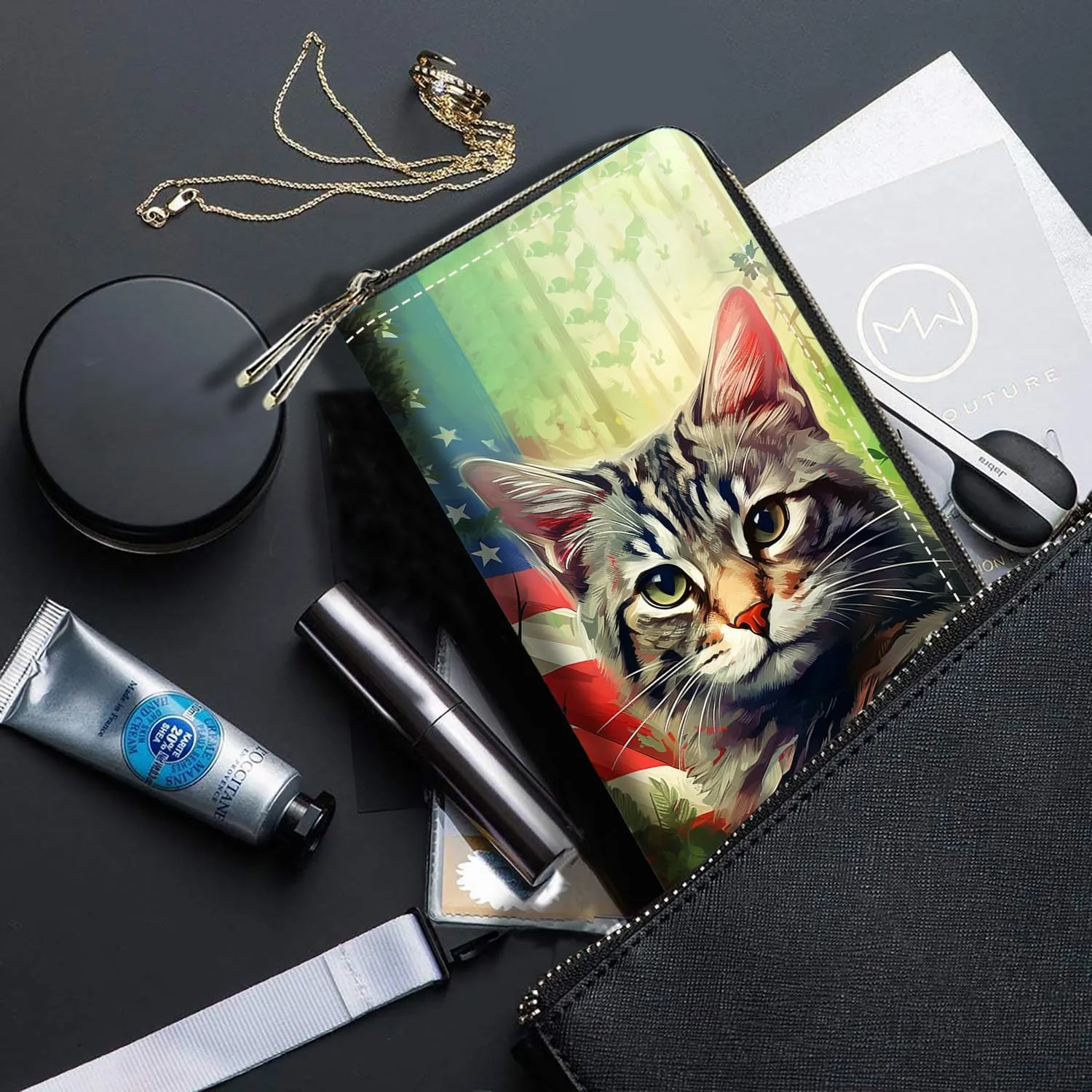 American Flag Cat Print Women Large Capacity Wallet PU Leather Double Zipper Clutch Purse for Smart Phone/Card/Coin/Cash