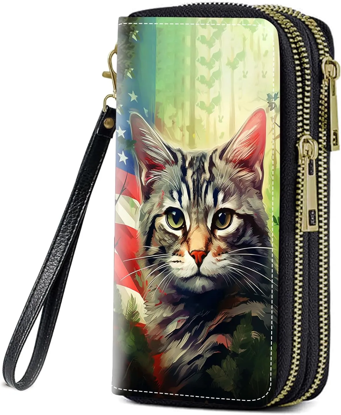 American Flag Cat Print Women Large Capacity Wallet PU Leather Double Zipper Clutch Purse for Smart Phone/Card/Coin/Cash