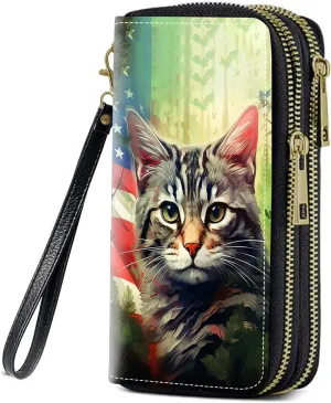 American Flag Cat Print Women Large Capacity Wallet PU Leather Double Zipper Clutch Purse for Smart Phone/Card/Coin/Cash