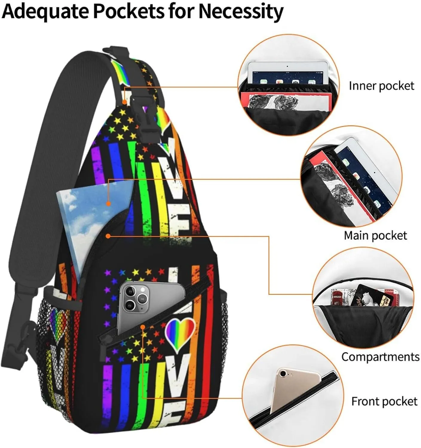 American Flag Lgbt Pride Rainbow Gay Love Chest Sling Bag Crossbody Shoulder Backpack Bag Gym Cycling Daypack Travel Hiking Cross Bag