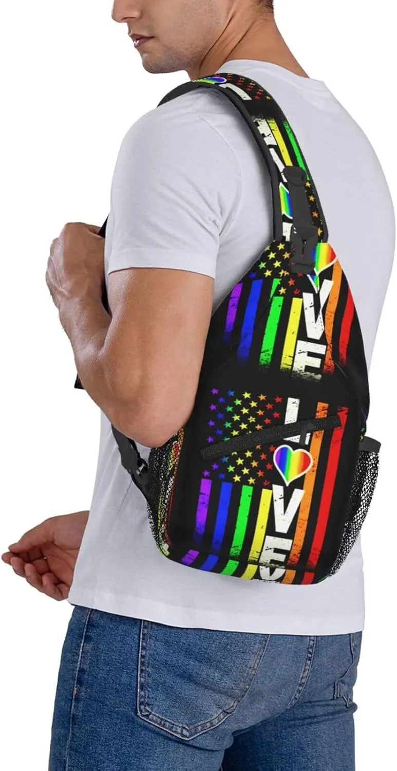 American Flag Lgbt Pride Rainbow Gay Love Chest Sling Bag Crossbody Shoulder Backpack Bag Gym Cycling Daypack Travel Hiking Cross Bag