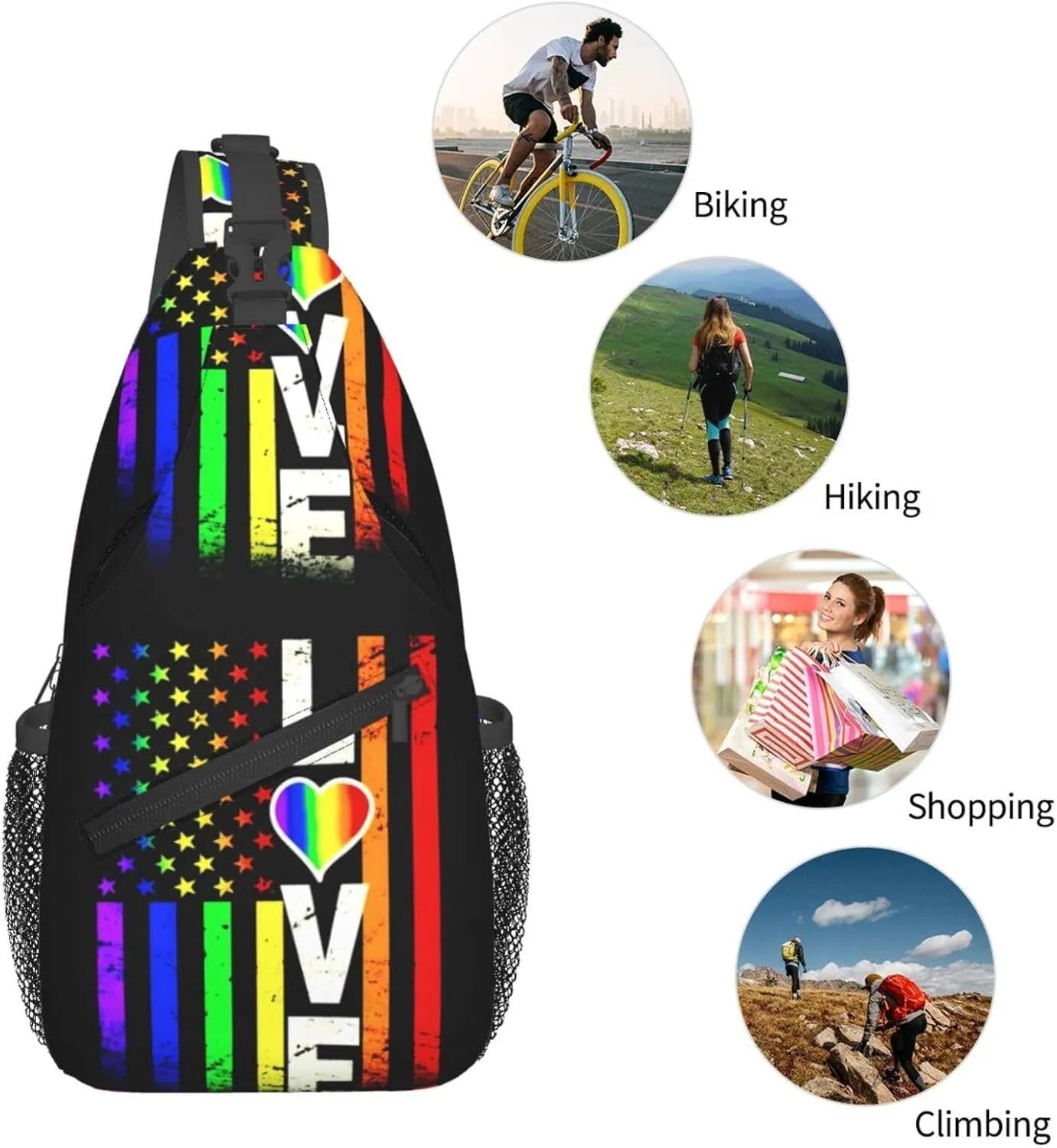 American Flag Lgbt Pride Rainbow Gay Love Chest Sling Bag Crossbody Shoulder Backpack Bag Gym Cycling Daypack Travel Hiking Cross Bag