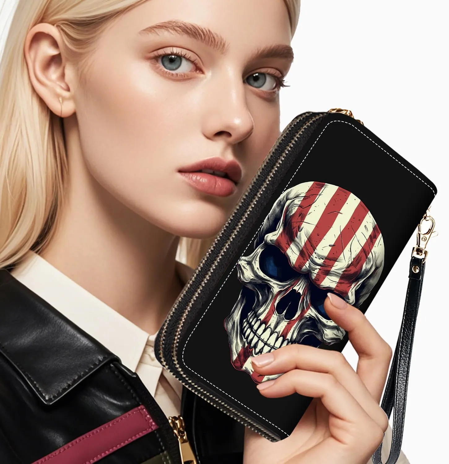 American Flag Skull Print Women Large Capacity Wallet PU Leather Double Zipper Clutch Purse for Smart Phone/Card/Coin/Cash