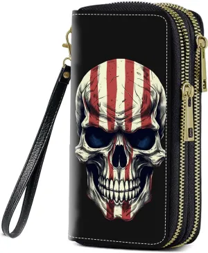 American Flag Skull Print Women Large Capacity Wallet PU Leather Double Zipper Clutch Purse for Smart Phone/Card/Coin/Cash