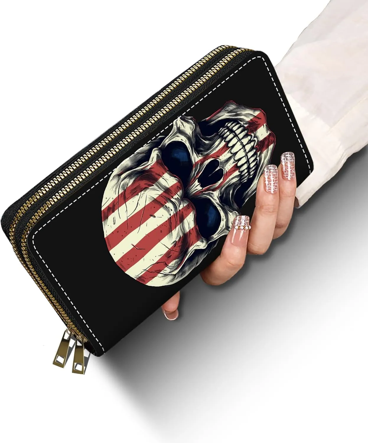 American Flag Skull Print Women Large Capacity Wallet PU Leather Double Zipper Clutch Purse for Smart Phone/Card/Coin/Cash