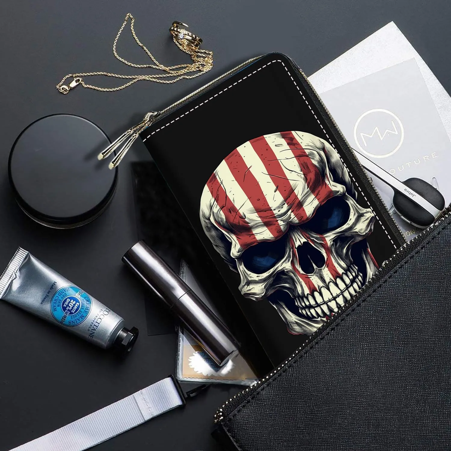 American Flag Skull Print Women Large Capacity Wallet PU Leather Double Zipper Clutch Purse for Smart Phone/Card/Coin/Cash