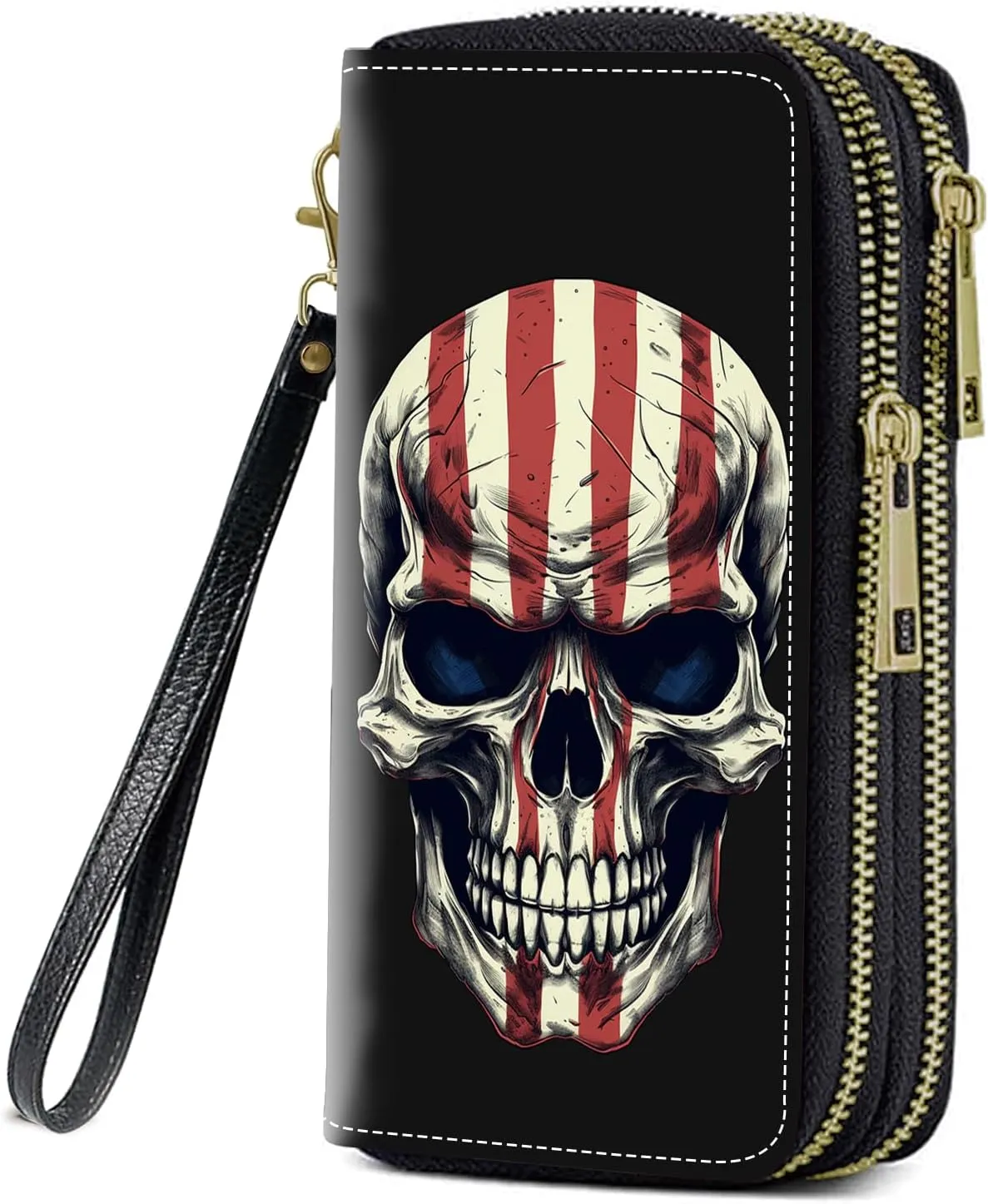 American Flag Skull Print Women Large Capacity Wallet PU Leather Double Zipper Clutch Purse for Smart Phone/Card/Coin/Cash