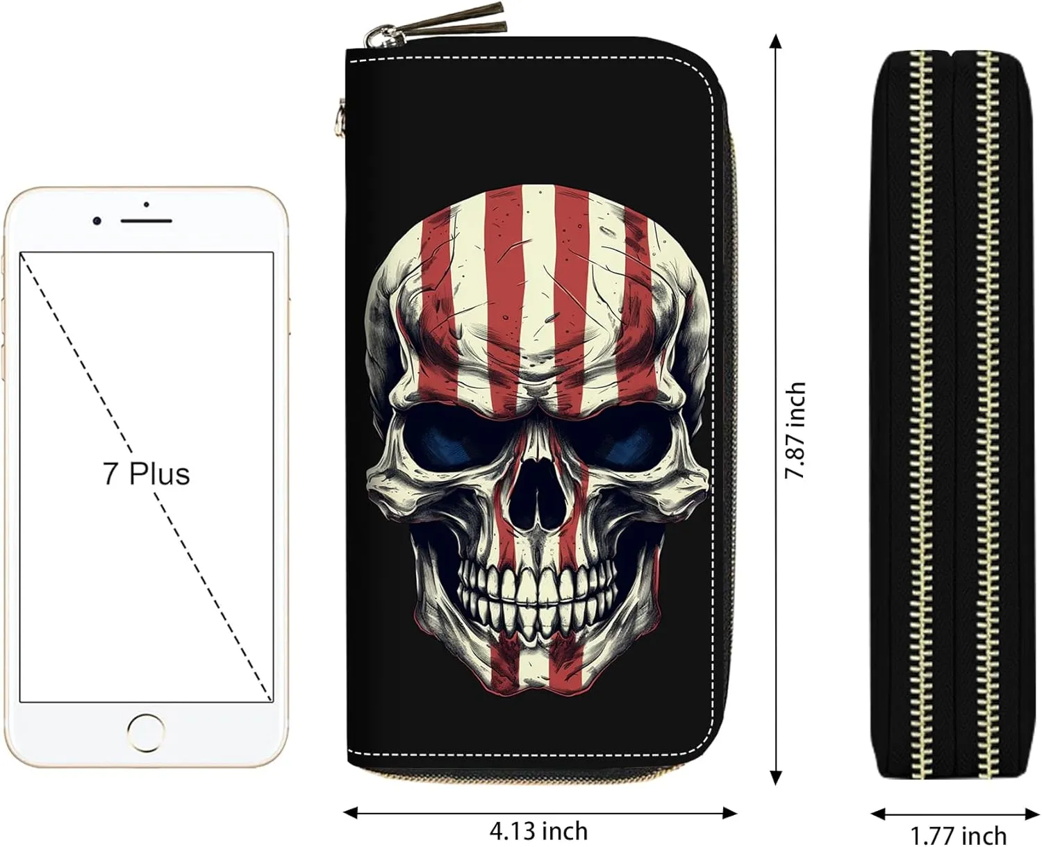 American Flag Skull Print Women Large Capacity Wallet PU Leather Double Zipper Clutch Purse for Smart Phone/Card/Coin/Cash