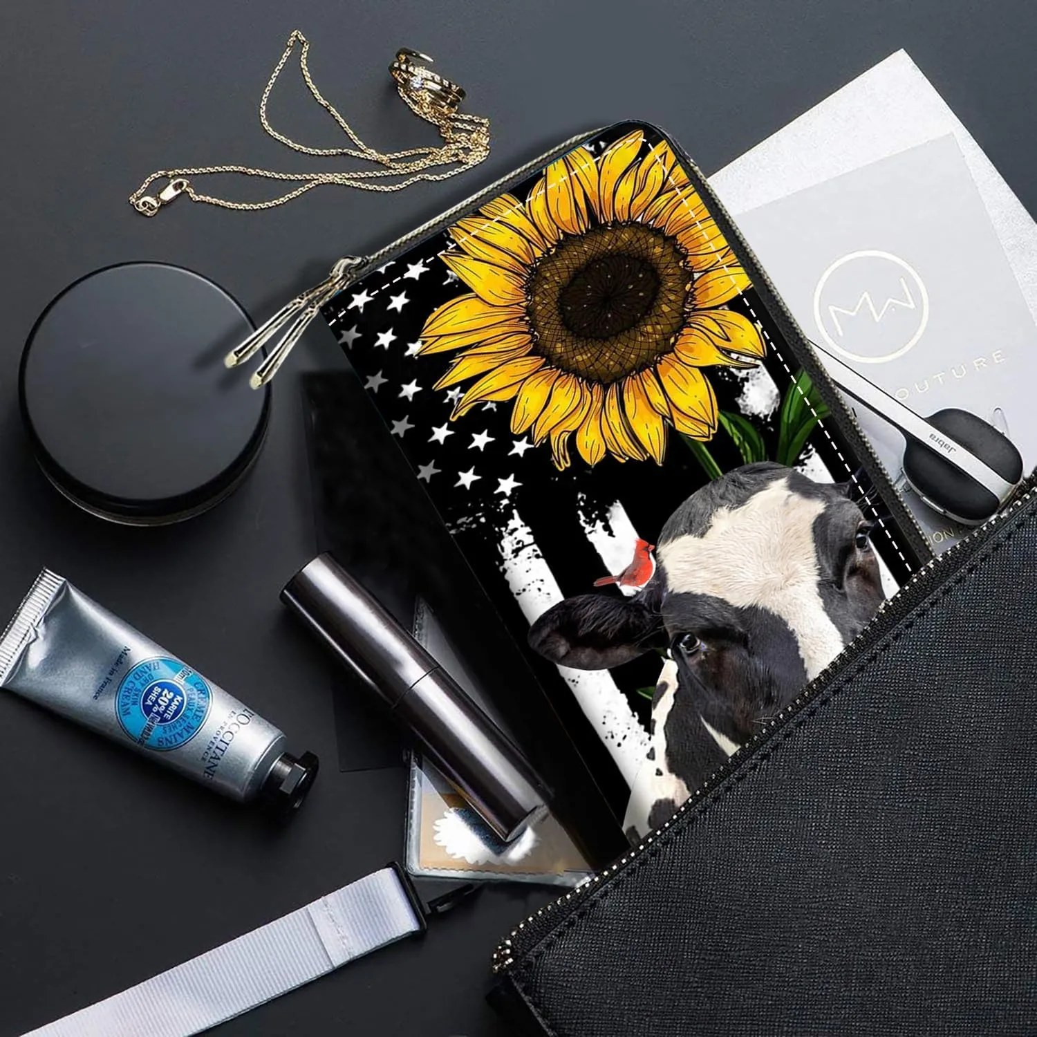 American Flag Sunflower and Cow Print Women Large Capacity Wallet PU Leather Double Zipper Clutch Purse for Smart Phone/Card/Coin/Cash