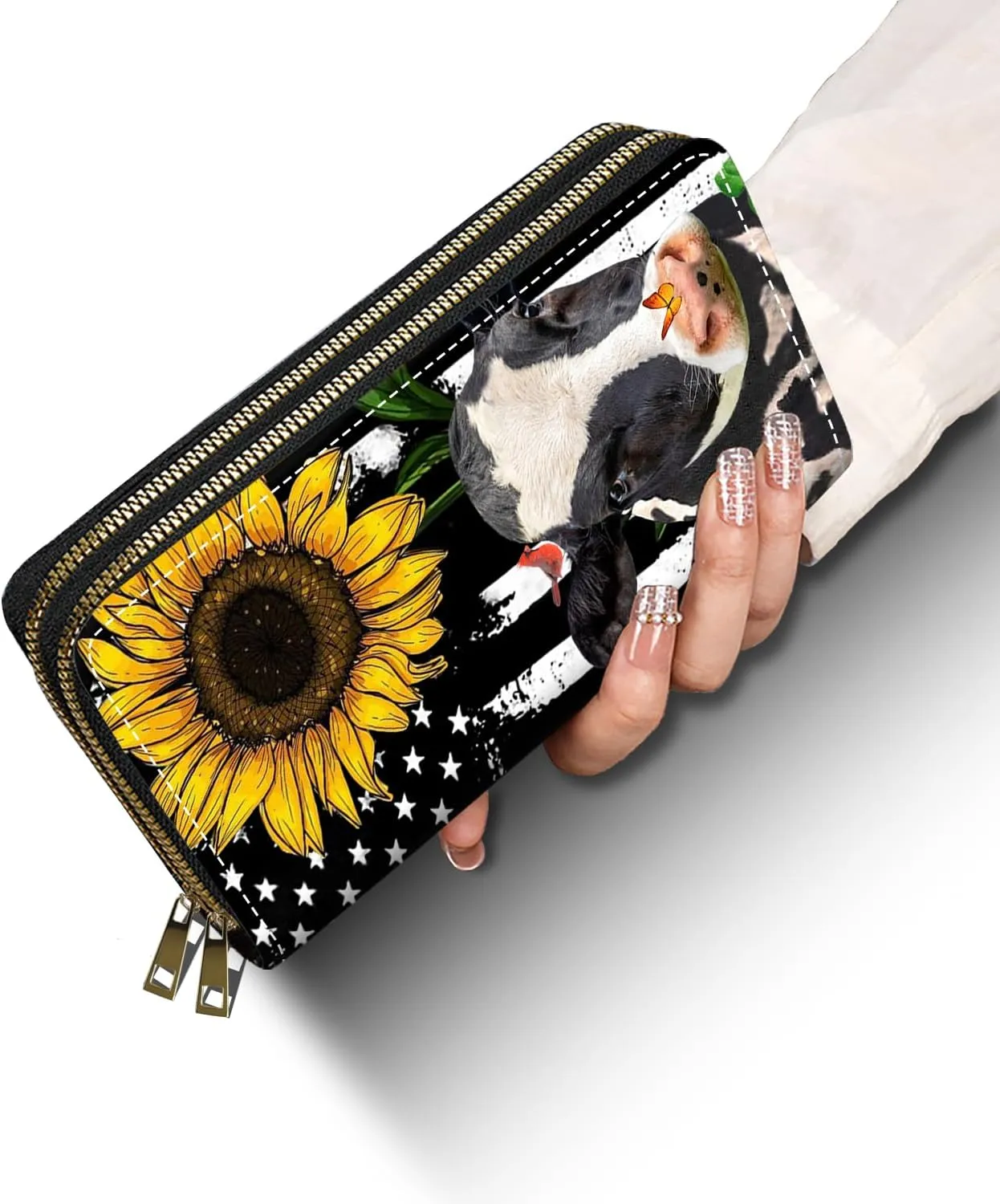 American Flag Sunflower and Cow Print Women Large Capacity Wallet PU Leather Double Zipper Clutch Purse for Smart Phone/Card/Coin/Cash