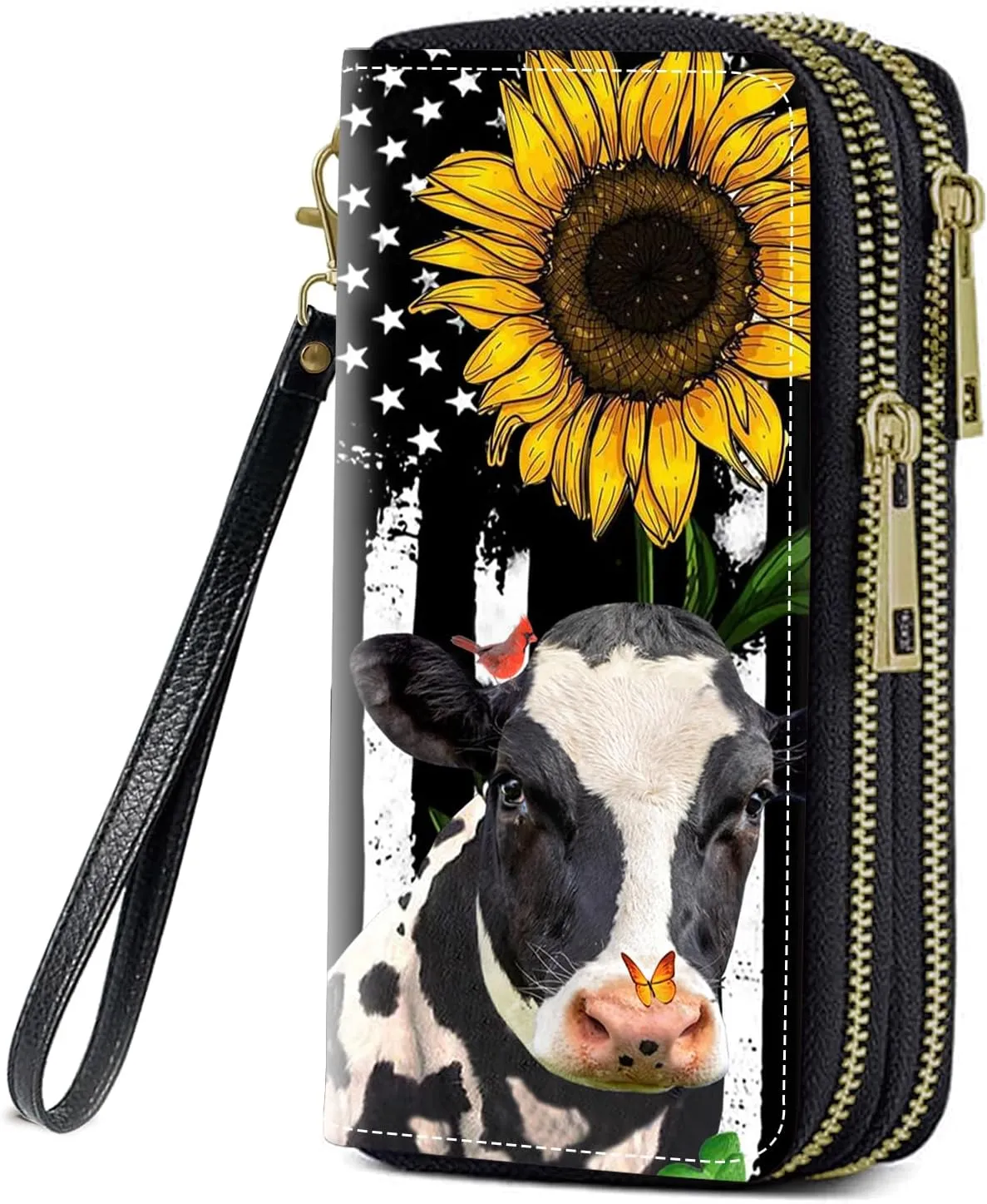 American Flag Sunflower and Cow Print Women Large Capacity Wallet PU Leather Double Zipper Clutch Purse for Smart Phone/Card/Coin/Cash