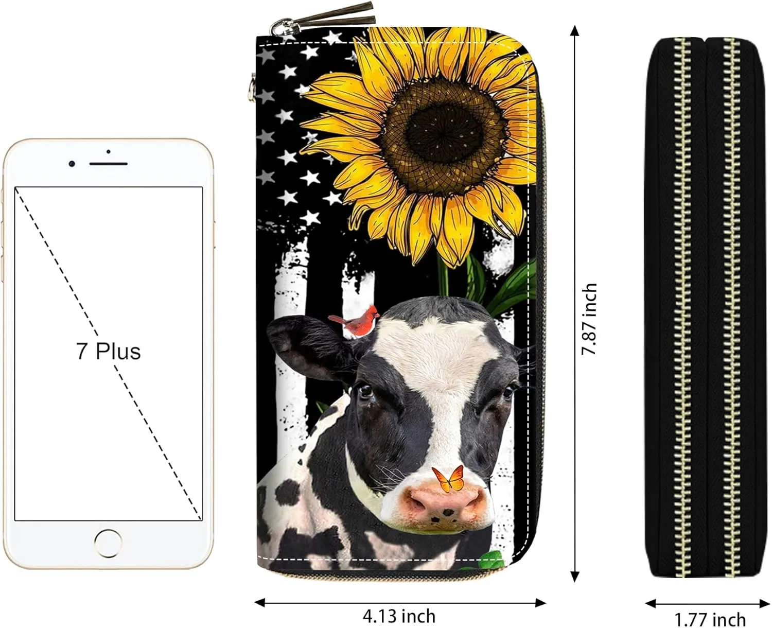 American Flag Sunflower and Cow Print Women Large Capacity Wallet PU Leather Double Zipper Clutch Purse for Smart Phone/Card/Coin/Cash