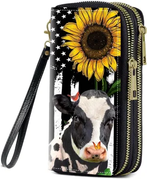 American Flag Sunflower and Cow Print Women Large Capacity Wallet PU Leather Double Zipper Clutch Purse for Smart Phone/Card/Coin/Cash